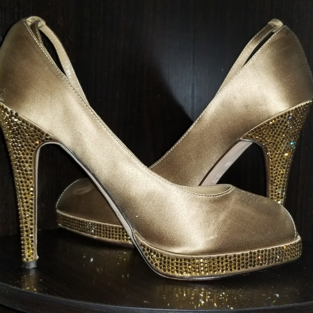 bebe gold satin/crystal peep toe platforms